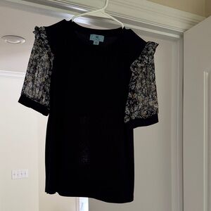 CeCe Black Top with Floral Sleeves